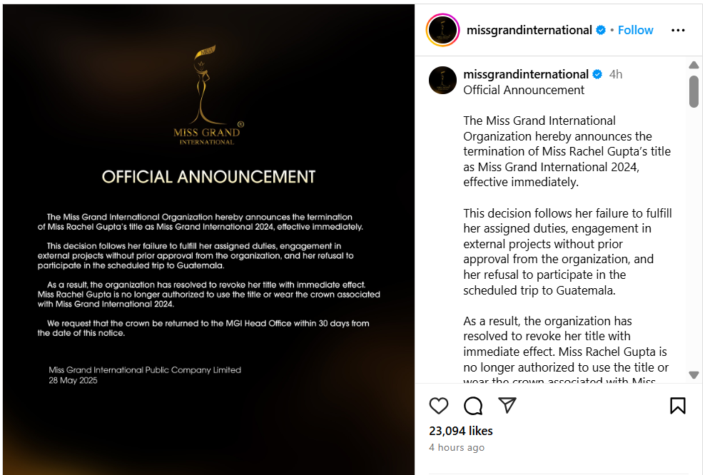 Rachel Gupta resigns as Miss Grand International 2024. Organisers say no, terminated 3 Model Rachel Gupta post