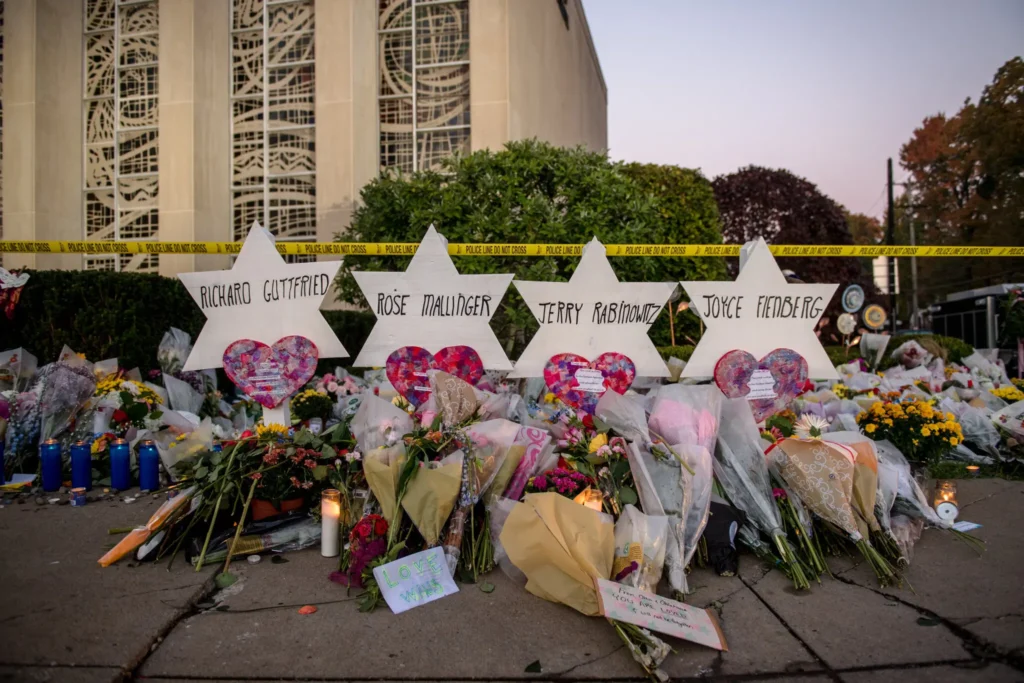 American Jews Face Heightened Anxiety After Several Attacks 3 A memorial at the Tree of Life Synagogue in Pittsburgh after a gunman killed 11 worshipers in 2018.Credit, American Jews