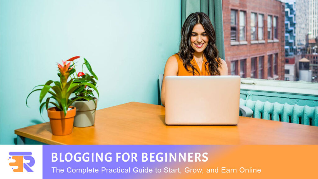Blogging for beginners guide illustration showing two people working on laptops with SEO, blogging, and monetization icons, symbolizing online blogging success.