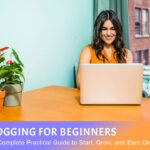 Blogging for beginners guide illustration showing two people working on laptops with SEO, blogging, and monetization icons, symbolizing online blogging success.